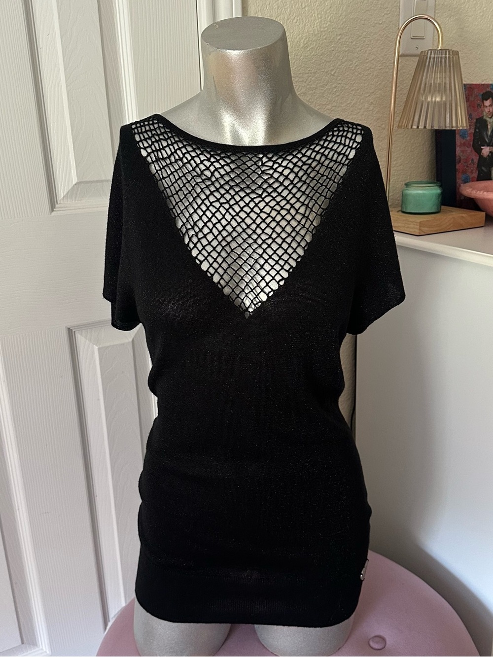 Y2K DKNY Jeans Black Netted Neckline Shimmery Knit Mini Dress
